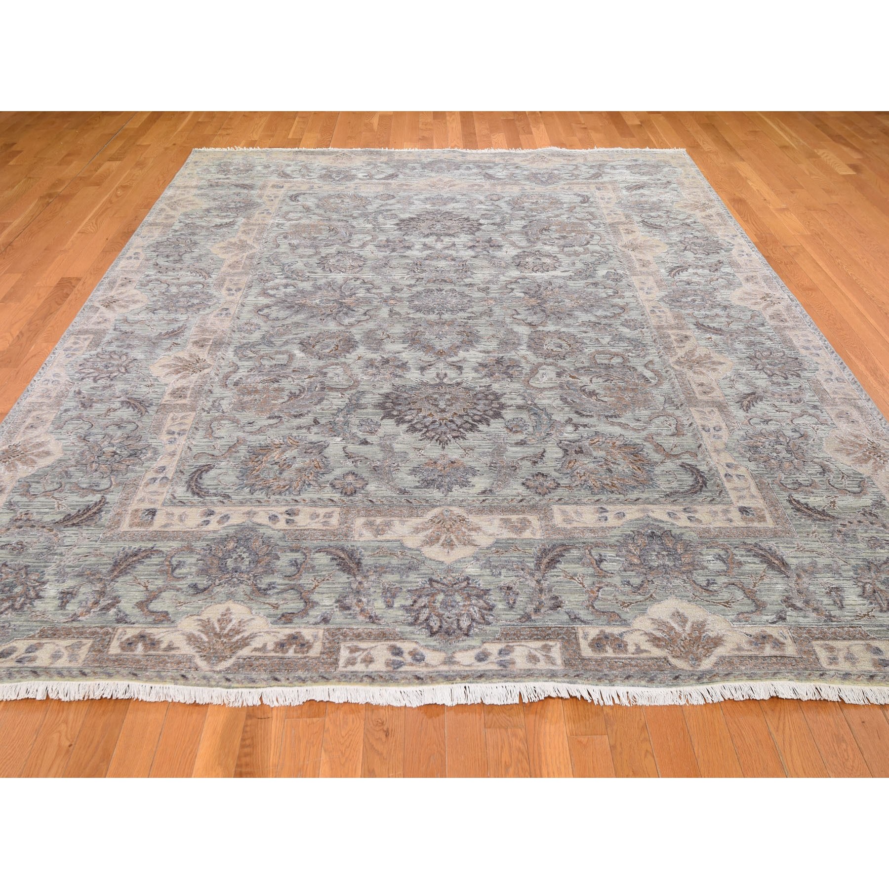 9'x12' Light Green Pure Silk With Textured Wool Mughal Design Hand